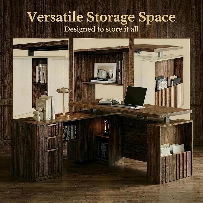 63 Inches L Shaped Standing Desk, Executive Standing Desk with Drawers and File Cabinet, AC/USB, 1.18" Desktop, Multi-sized Storage Cubby, Privacy Panel, Fluted Computer Desk, Black Walnut