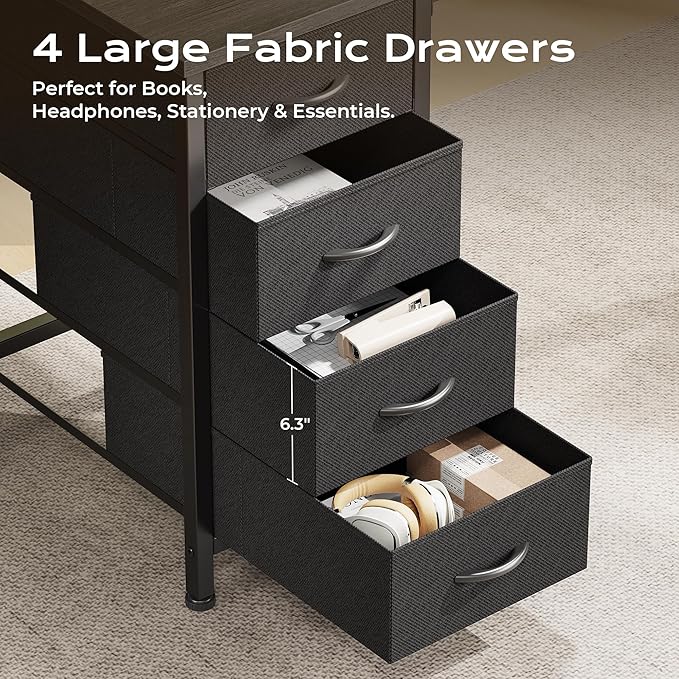 Huuger 55 Inch L Shaped Desk with Fabric Drawers, Reversible Computer Gaming Desk with Power Outlets and USB-C Port, Adjustable Side Storage Shelves, for Work Study Corner Home Office, Grey