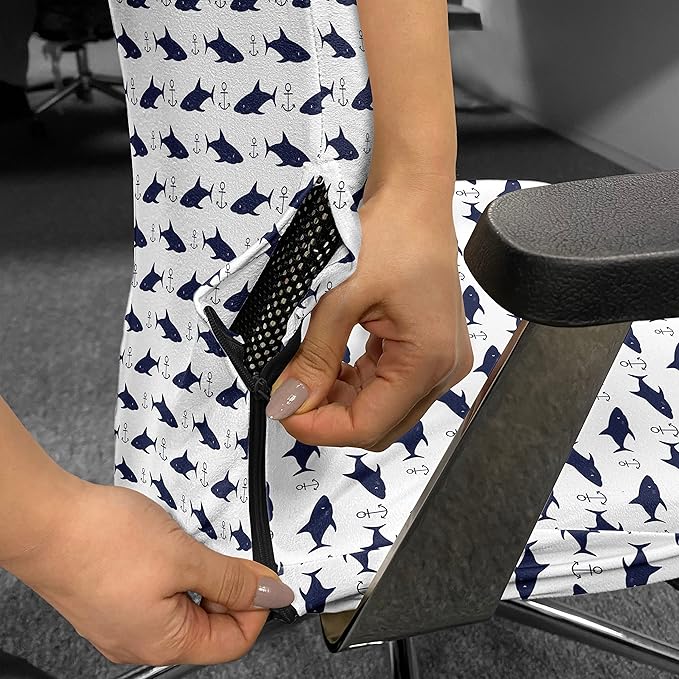 Ambesonne Anchor Office Chair Cover, Aquatic Pattern with Sharks and Anchors Contemporary Classical Modern Fish Animal, Stretchable Decorative Universal Size High Back Printed Slipcover, Indigo White