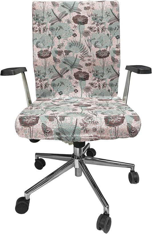 Ambesonne Flower Office Chair Cover, Vintage Style Botanical Composition with Floral Blossoms Dragonflies Flora and Fauna, Stretchable Decorative Universal Size High Back Printed Slipcover, Teal Brown
