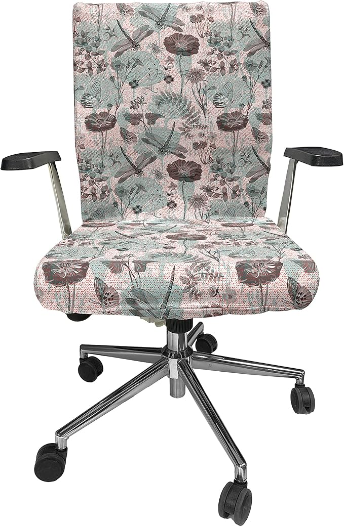 Ambesonne Flower Office Chair Cover, Vintage Style Botanical Composition with Floral Blossoms Dragonflies Flora and Fauna, Stretchable Decorative Universal Size High Back Printed Slipcover, Teal Brown