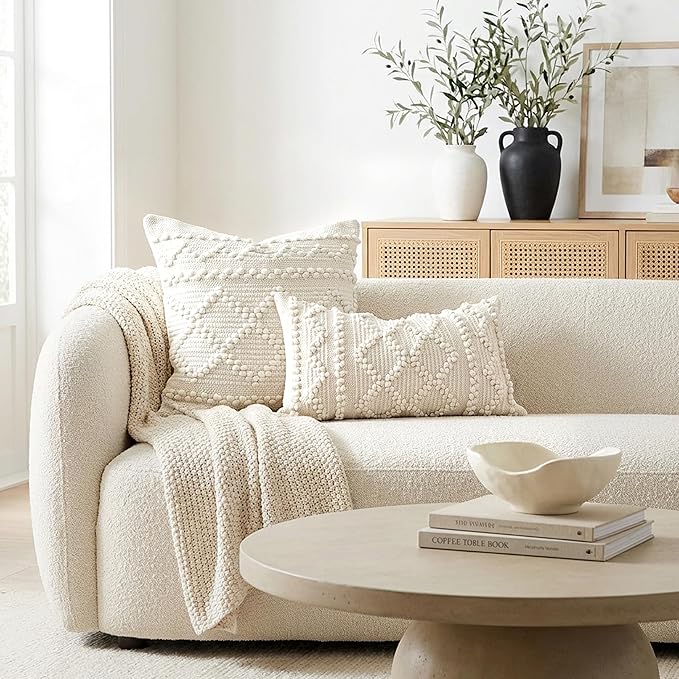 BlissBlush Pure White Decorative Lumbar Pillow Cover 14x24, Boho Accent Throw Pillow Case for Couch Sofa Bed, Modern Farmhouse Textured Lumbar Cushion Bedroom Living Room, Cover ONLY