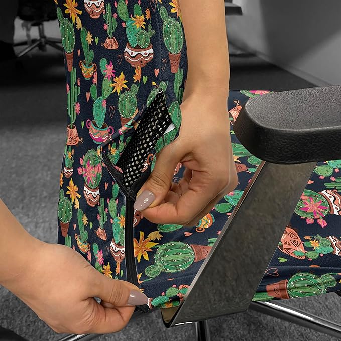 Ambesonne Cactus Print Office Chair Cover, Colorful Layout of Different Shapes of Cacti with Flowers, Stretchable Decorative Universal Size High Back Printed Slipcover, Black Grey