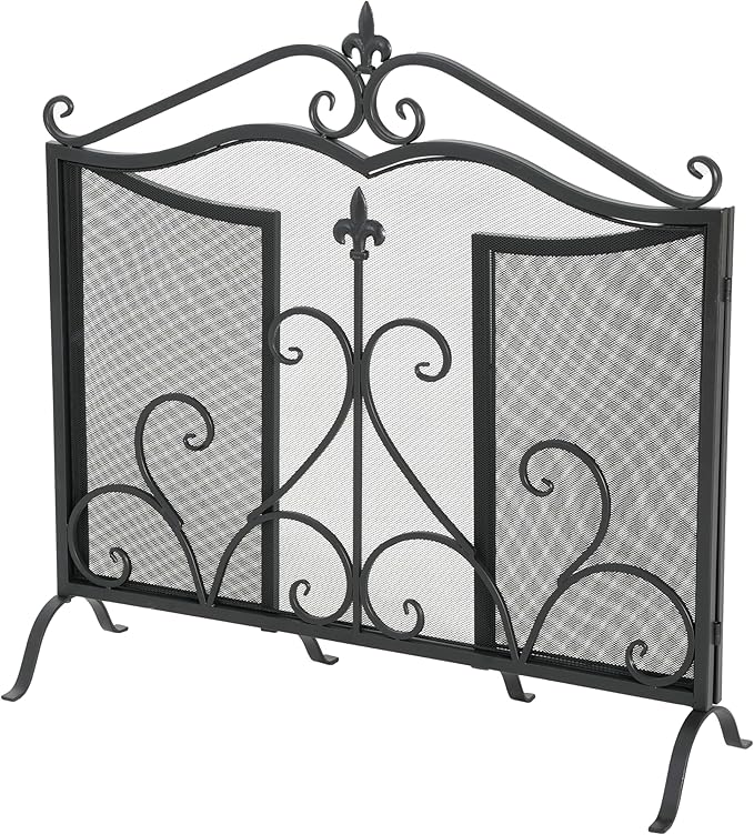 Christopher Knight Home Suho 3-Panel Iron Fireplace Screen, Foldable Fire Spark Guard with Wrought Metal Decorative Mesh, Arch Heavy Duty with Central Floral Pattern, 54" x 31.5", Black