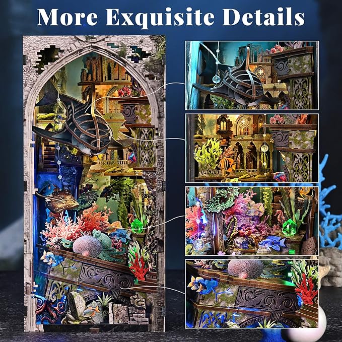 fifijoy Book Nook Kit - DIY Miniature Dollhouse for Adults and Teens, Creative Bookshelf Decor 3D Wooden Puzzle Bookend with LED Light, Unique Gift for Family and Friends (Lost City of Atlantis)