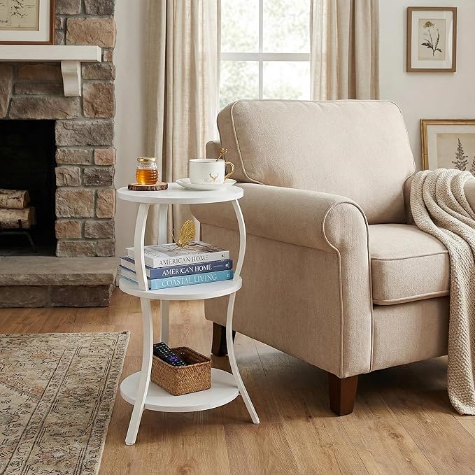 YEAKOO Vintage Small Round Side Table, 3-Tier Slim Waist Circular End Table with Storage Shelf, Compact Tea Sofa Table, Round Corner Coffee Table Nightstand for Living Room Bedroom Small Spaces,White