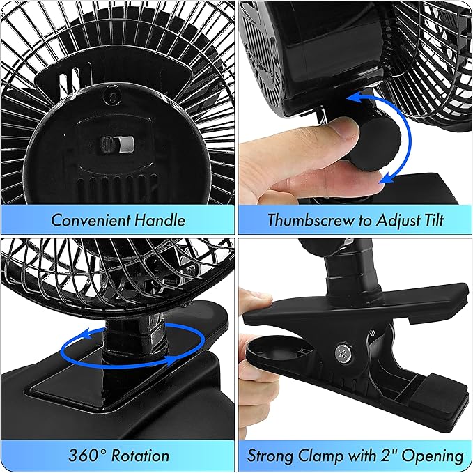 Comfort Zone CZ6XMBK 6” 2-Speed Combo Clip or Desk Fan with Removable Base, Strong Clamp for Firm Grip, Suitable for Bedroom, Office, or Dorm Room, Black