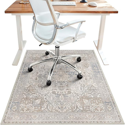 48"x60" Office Chair Mat for Hardwood Tile Floor, Under Desk Carpet Protector for Rolling Computer Chair Mat, Machine Washable Area Rug, Anti-Slip 1/5" Thick Low Pile Thin Vinyl Floor Mat, Khaki Blue