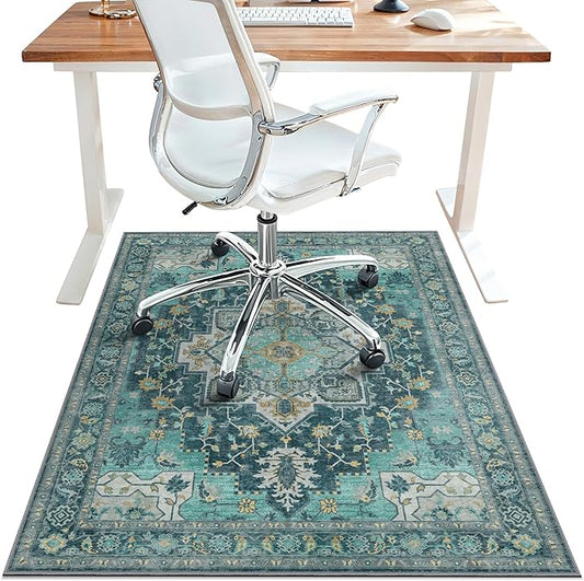 36"x48" Office Chair Mat for Hardwood Tile Floor, Under Desk Carpet Protector for Rolling Computer Chair Mat, Machine Washable Area Rug, Anti-Slip 1/5" Thick Low Pile Thin Vinyl Floor Mat, Turquoise