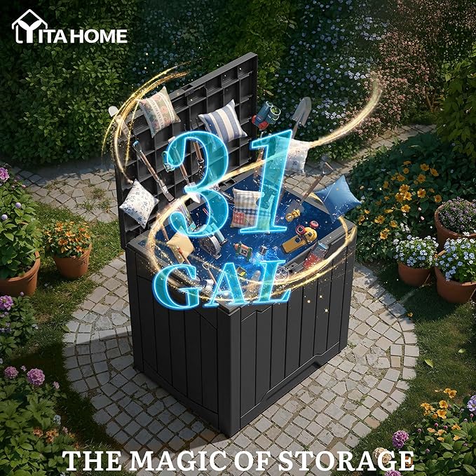 YITAHOME 31 Gallon Deck Boxes Set of 4, Lockable Outdoor Storage Bins for Patio Cushions, Garden Tools, Weather-Resistant Resin Storage Solution, Black