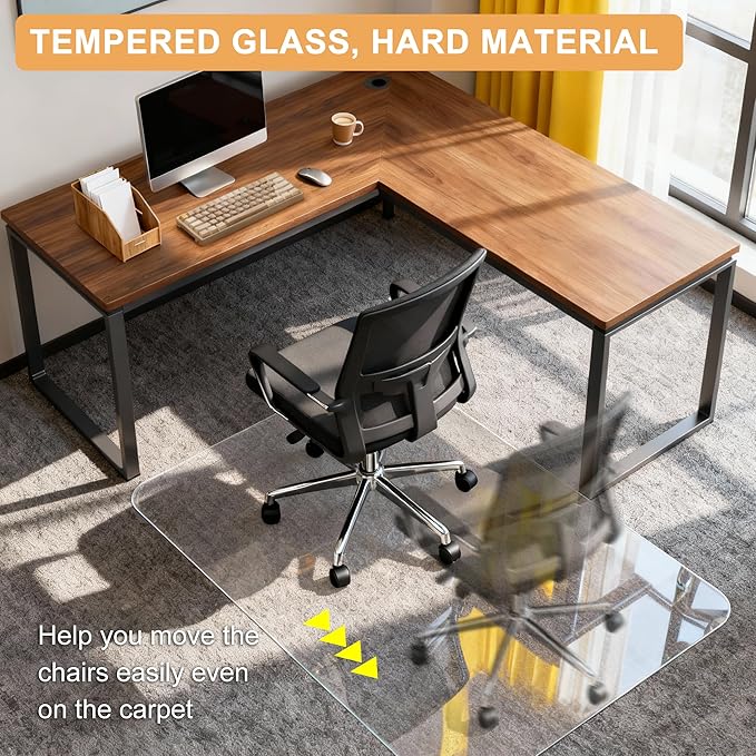 Azadx Tempered Glass Chair Mat for Carpet 32" x 48" Heavy Duty Office Chair Mat for Carpets 1/5" Thick for Carpeted Floor/Hard Floor Easy Glide Carpet Protector with Round Corner and Polished Edge