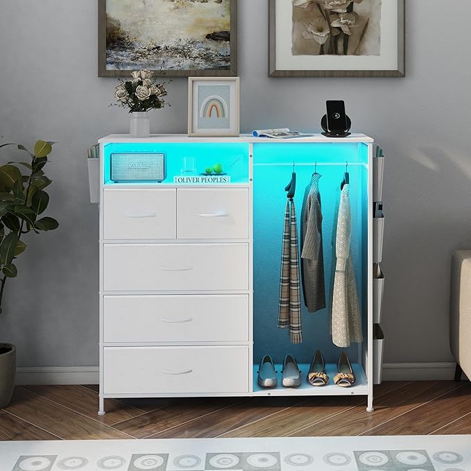 Espelism Dresser for Bedroom with Clothes Rack Side Pockets White 5 Drawers with Charging Station LED Lights Sturdy Steel Frame Wood Top Organizer Unit for Nursery Hallway Closet