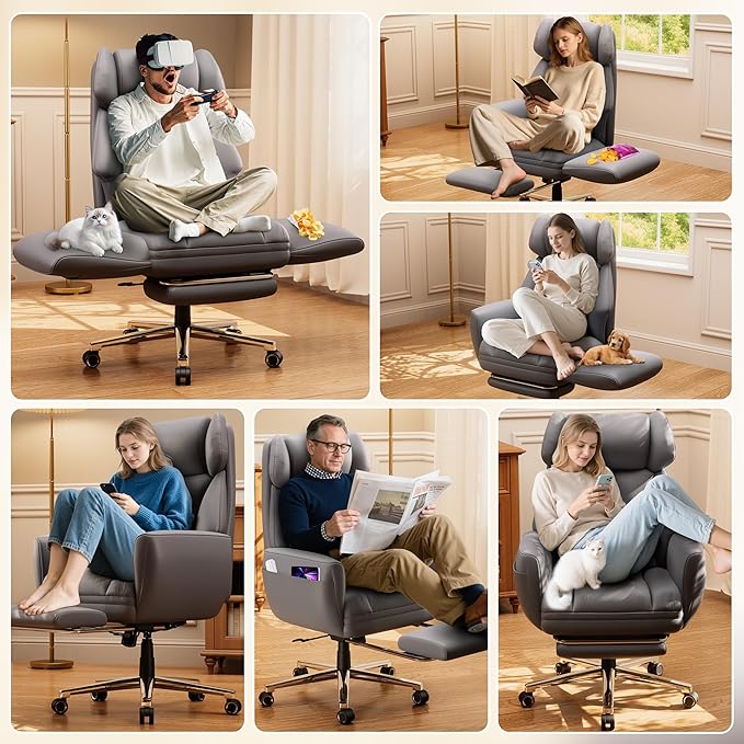 GABRYLLY Criss Cross Chair with Footrest, Big and Tall Office Chair - Wide Seat, Reversible Armrests, 120°Tilt, 400LBS Heavy-Duty Executive Leather Chair for Working, Gaming & Meditation, Grey