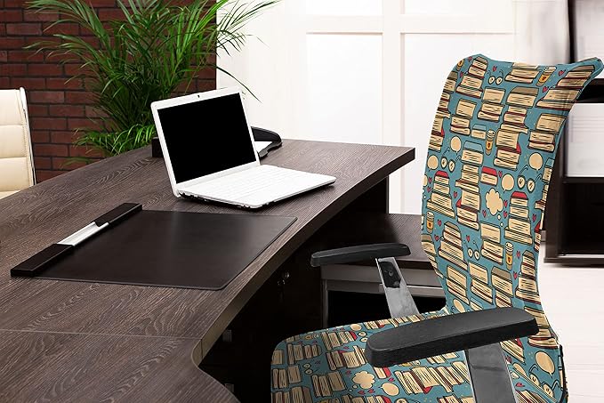 Ambesonne Geek Office Chair Cover, Repeating Pattern with Stack of Books Combined Hearts Coffee and Nerd Glasses, Stretchable Decorative Universal Size High Back Printed Slipcover, Multicolor Cream