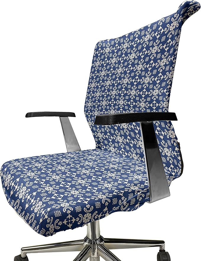 Ambesonne Folk Art Office Chair Cover, Talavera Tile Like Pattern Along Floral Ornaments and Abstract Forms, Stretchable Decorative Universal Size High Back Printed Slipcover, Azure Blue