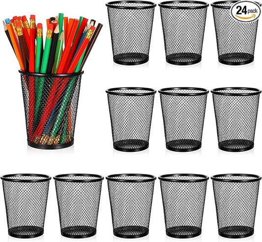 24 Pack Mesh Pencil Holder Wire Mesh Pen Cup, Black Pen Holder for Desk Metal Pens Organizer Pencil Cup Marker Holders Makeup Brush Holders for Home Office Supplies Accessories