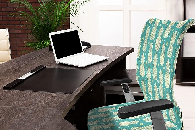 Ambesonne Pineapple Office Chair Cover, Abstract Summer Pattern with Exotic Fruit and Minimal Ornaments, Stretchable Decorative Universal Size High Back Printed Slipcover, Yellow Turquoise
