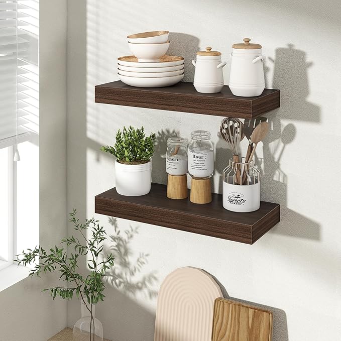 Acovy 16 Inch Floating Shelves for Wall 2 Pack, 16" Wall Shelves for Books, Storage, Decor, Wall Mounted Floating Shelf with Invisible Brackets for Kitchen, Living Room, Walnut