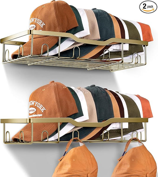 KEETDY Metal Hat Organizer for Baseball Caps Wall Hat Rack Fit 48 Caps Holder, 2 Packs Sturdy Wall Mounted Hat Storage Organizer, Gold
