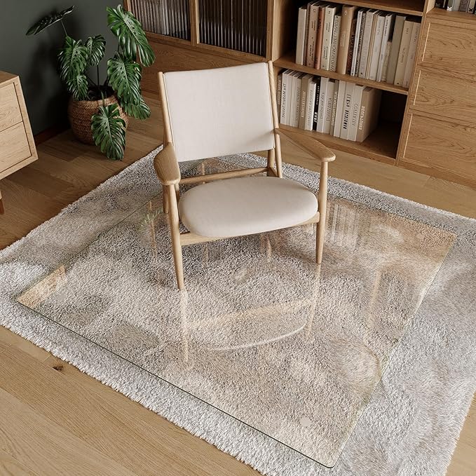 Koonmi Tempered Glass Chair Mat 46"x46" - Premium Office Chair Mat for Hardwood Floors & Low-Pile Carpet with 4 Non-Slip Pads - Thick Scratch-Resistant Surface