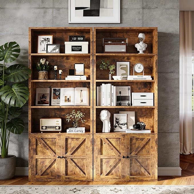 71.5" Bookshelf Set of 2, 6-Tier Bookcase with Cabinet Doors, Tall Display Shelves with Storage for Home Office, Living Room