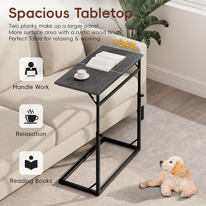 Vagusicc C Shaped End Table for Couch, 33.5''Tall C-Table End Table Adjustable Height Side Tables, Large Surface Sofa Tables TV Tray, Slide Under Couch Tables for Sofa, Living Room,Bedroom,Gray Walnut