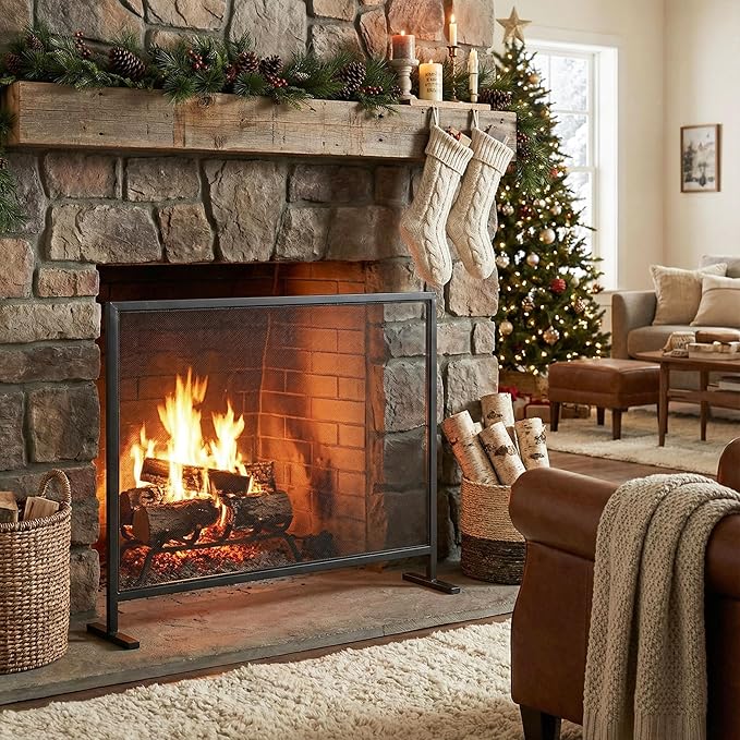 Christopher Knight Home Suho 1-Panel Iron Fireplace Screen, Durable Fire Spark Guard with Wrought Metal Decorative Mesh, Rectangular Fire Place Gate Protector for Living Room, 38" x 30", Black
