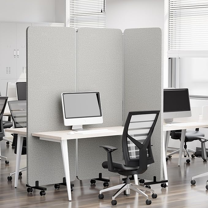 3 Panel Foldable Office Partitions, Mobile Cubicle Wall with Wheels, 71 x 66 Inch Noise Cancelling & Sound Proof Room Dividers Partition Wall, Aluminum Frame Gray