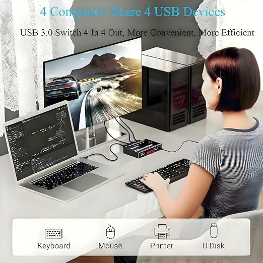 USB 3.0 Switch Selector 4 Computers, 4 Port USB KVM Switch for 4 PC Share 4 USB Devices for Keyboard Mouse Printer, Wired Remote and 4 USB 3.0 Cables Included
