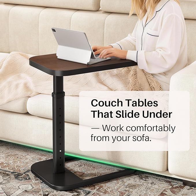 Kitstorack Adjustable Height C-Shaped End Table, 9-Level Side Table with Metal Rounded Edge, Couch Table that Slides Under Sofa or Bed, Eating, Working, and Drinks, TV Tray for Small Spaces, Espresso