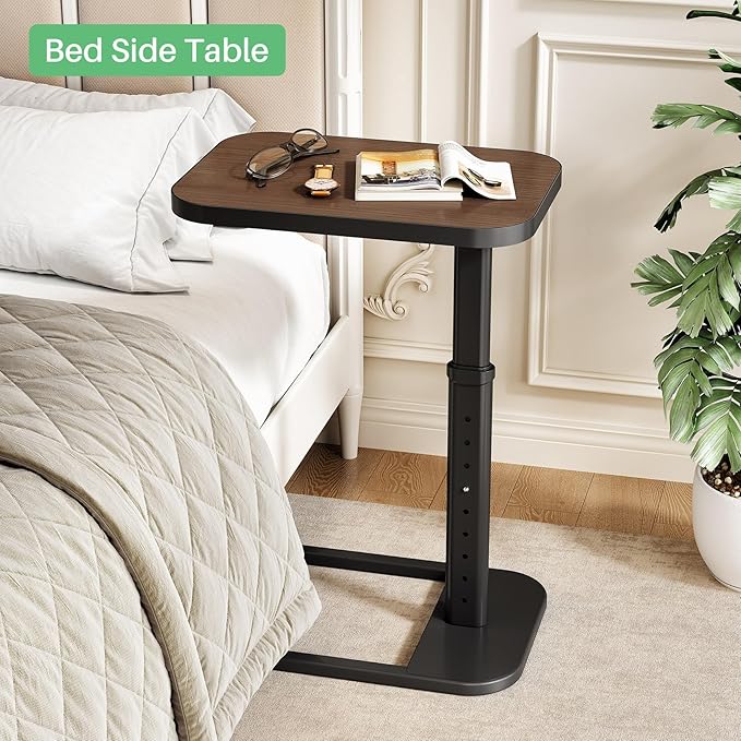 Kitstorack Adjustable Height C-Shaped End Table, 9-Level Side Table with Metal Rounded Edge, Couch Table that Slides Under Sofa or Bed, Eating, Working, and Drinks, TV Tray for Small Spaces, Espresso