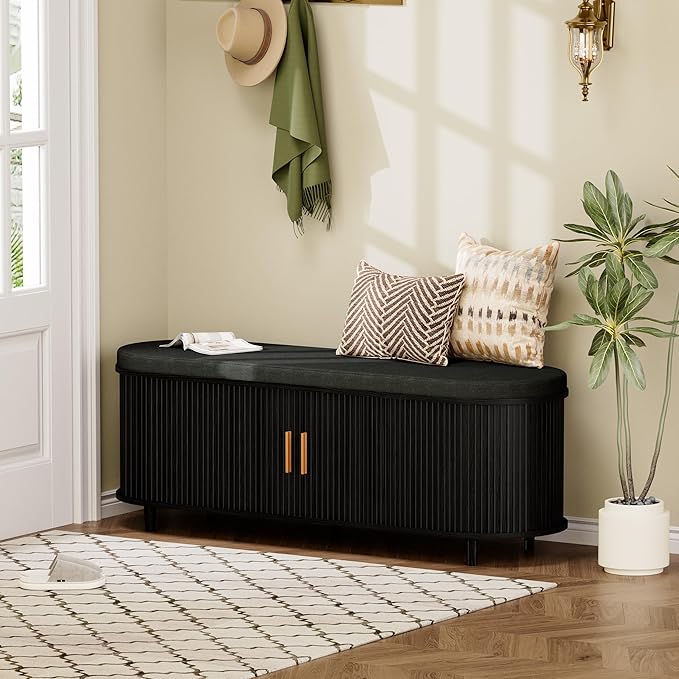 DHH 2-Tier Storage Bench,Wide Shoe Bench with Thickened Padded Seat Cushion, Mid Century Modern Fluted Sliding Door and Adjustable Shelf, for Entryway, Living Room, Bedroom (Black, 51.2”)