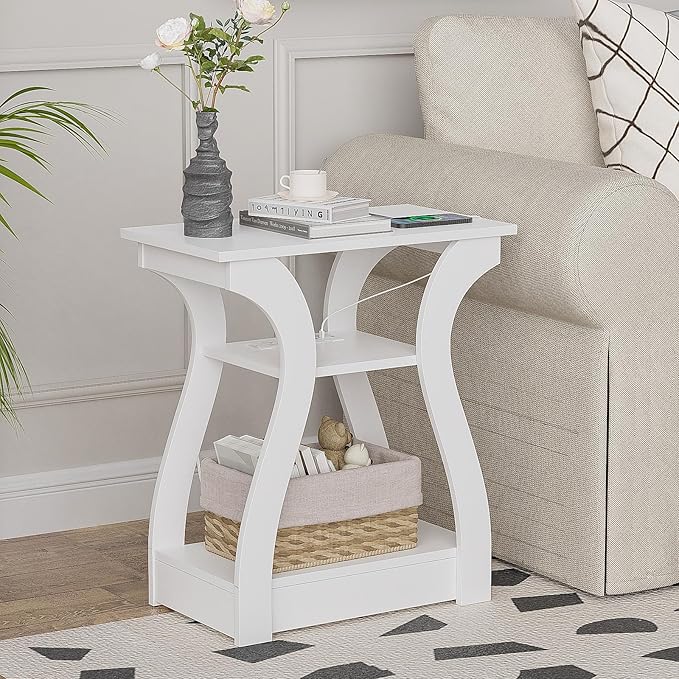 FROMJBEST End Tables Living Room, White End Table with Charging Station,White Side Table, Nightstand for Bedroom, 3 Tier End Table with Storage Shelf for Living Room