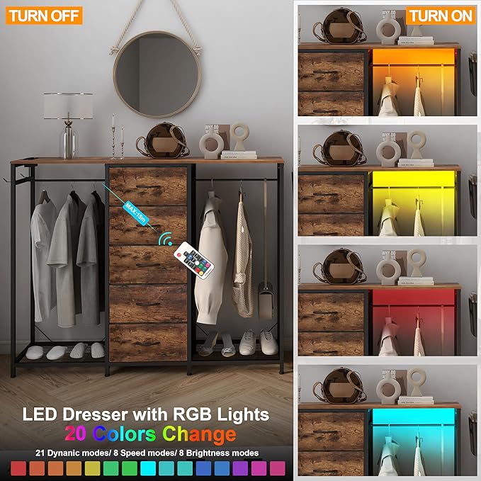 Espelism Dresser for Bedroom with Clothes Rack 5 Drawer Dresser with Charging Station LED Lights White Chest of Drawers Flexible Shelf and Open Storage Space for Bedroom Living Room (Brown)