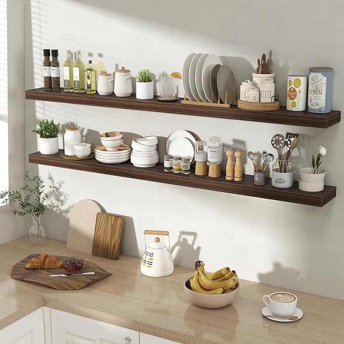 Acovy 55 Inch Floating Shelves for Wall 2 Pack, 55" Wall Shelves for Books, Storage, Decor, Wall Mounted Floating Shelf with Invisible Brackets for Kitchen, Living Room, Walnut