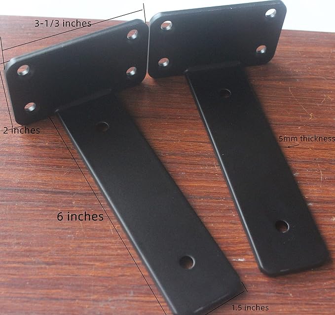 4 Pack - 6 inch Black Hidden L Shelf Bracket (1/5 Inch Thicked) Iron Floating Shelf Brackets Rustic Industrial Metal Brackets for Shelf Support