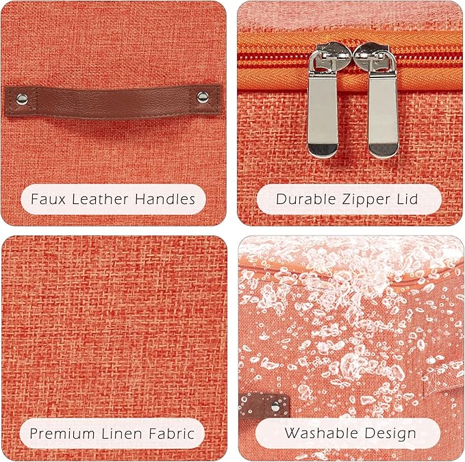 Storage Bins with Zipper Lid Cotton Linen Fabric Lidded Storage Baskets Boxes Foldable Washable Closet Shelf Clothes Organizer Container with PU Leather Handles (Orange, Large)