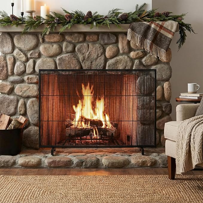 Christopher Knight Home Suho 1-Panel Iron Fireplace Screen with Vertical Bar Pattern, Durable Fire Spark Guard, Rectangular Fire Place Gate Protector for Living Room, 39" x 30", Black