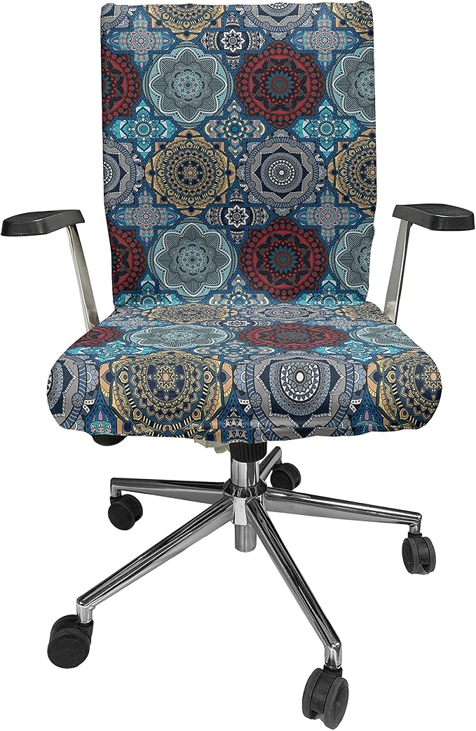 Ambesonne Moroccan Office Chair Cover, Patchwork Style Vintage Ottoman Inspiration Retro Motifs, Stretchable Decorative Universal Size High Back Printed Slipcover, Brown Blue