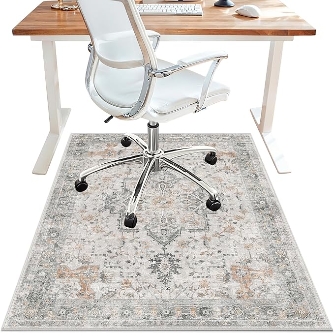 46"x60" Office Chair Mat for Hardwood Tile Floor, Under Desk Carpet Protector for Rolling Computer Chair Mat, Machine Washable Area Rug, Anti-Slip 1/5" Thick Low Pile Thin Vinyl Floor Mat, Taupe