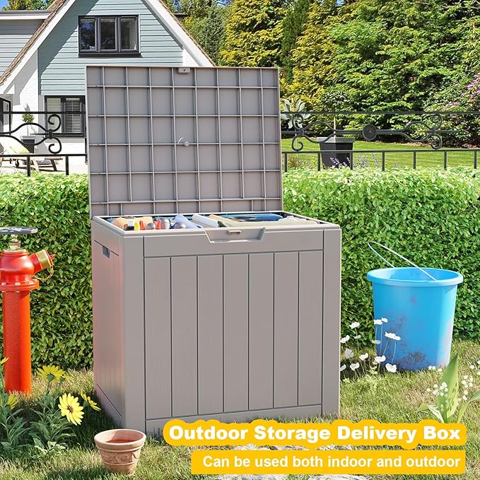 EasyUp Outdoor Storage Box, Waterproof Resin Deck Box, Reinforced Stability UV-Resistant for Patio, Garden and Poolside (Gray, 35 Gallons)