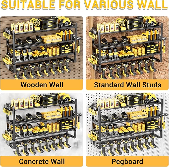4 Layers Extra Tall Power Tool Organizer Wall Mount Loads 400lbs,Heavy Duty Metal Battery Tool Rack with 8 Cordless Drill Holders,Tool Storage Shelf For Workshop,Garage,Warehouse,Gifts for Men,Husband