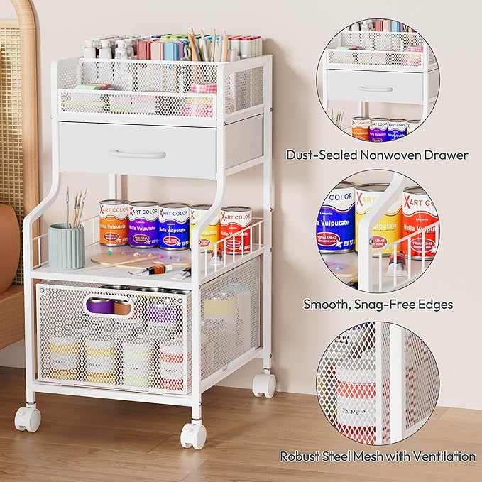 SWTYMIKI Rolling Under Desk Storage - Storage Cart with Drawers & DIY Divider - Art Cart Organizer on Wheels - Craft Rolling Utility Cart for Office, Craft Room & Studio White