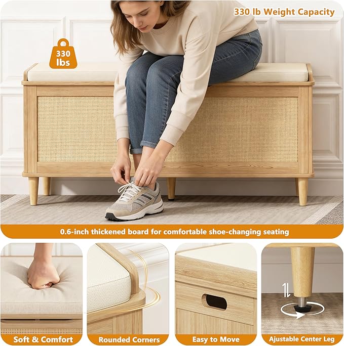 Keehusux 47.2" Extra Large Storage Bench with Cushion, Rattan Storage Chest with 2 Safety Hinges, Blanket Chest with Solid Wood Legs and Rounded Corners for Entryway, Bedroom, Living Room, Natural Oak