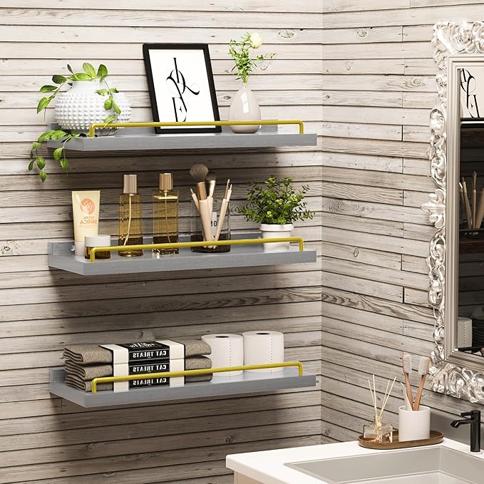 RYOFOBETTO Floating Shelves for Wall Decor, Grey and Gold Shelves for Bathroom, Living Room, Bedroom, Picture Frames, Plants, Kitchen (Set of 3)
