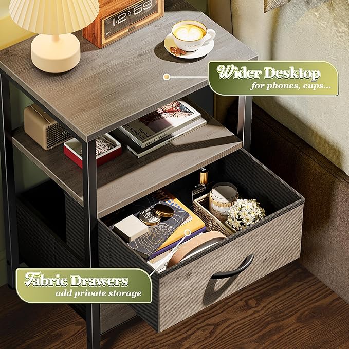 Huuger Night Stand Set of 2, Nightstand with 2 Drawers, Bed Side Table with Open Shelf, Wooden Top, End Table, Fabric Drawer with Oak Wooden Print Surface, for Bedroom