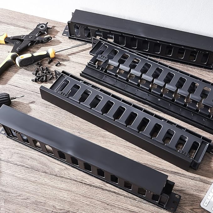Leinuosen 4 Pcs 1U Rack Cable Management Sleeves Horizontal Mount Cable 12 Slot Management Clips Rack with Panel Cover 19 Inch for Wall Shelf Mount