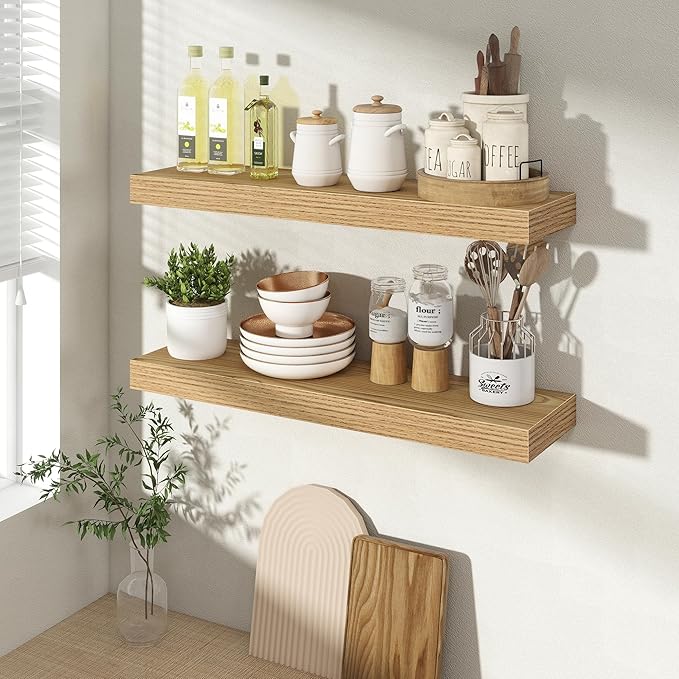 Acovy 24 Inch Floating Shelves for Wall 2 Pack, 24" Wall Shelves for Books, Storage, Decor, Wall Mounted Floating Shelf with Invisible Brackets for Kitchen, Living Room, Light Brown