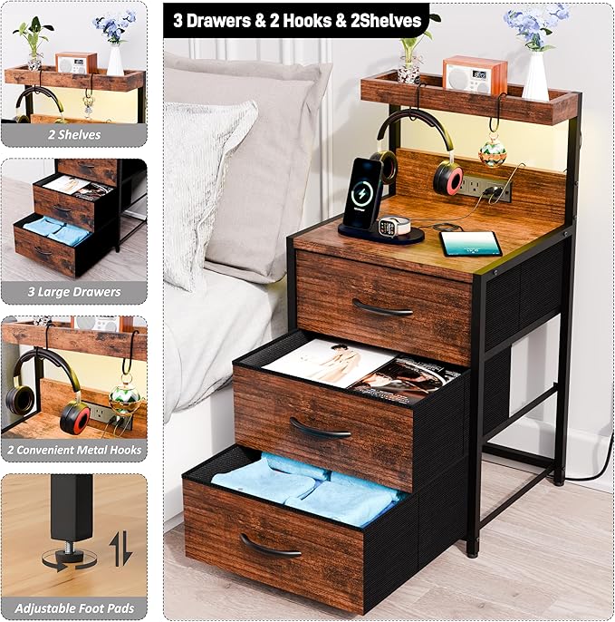 SZLHANJZ Nightstands Set of 2, End Table with LED Light and Charging Station Type C, 3 Drawers Storage Night Stand with Hooks, Tall Bed Side Table for Bedroom Dorm, Rustic Brown
