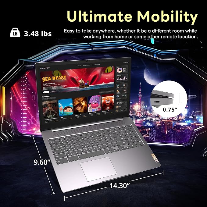 Lenovo Ideapad 3 15.6" FHD Chromebook, Intel Celeron N4500, 4GB RAM, 224GB Storage (64GB SSD+160GB Docking Station Set), ‎Intel UHD Graphics, Full Size Keyboard, Chrome OS, Artic Gray